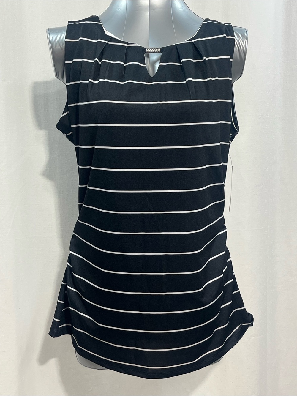 Women’s black & White Striped sleeveless blouse side ruching office casual 1061